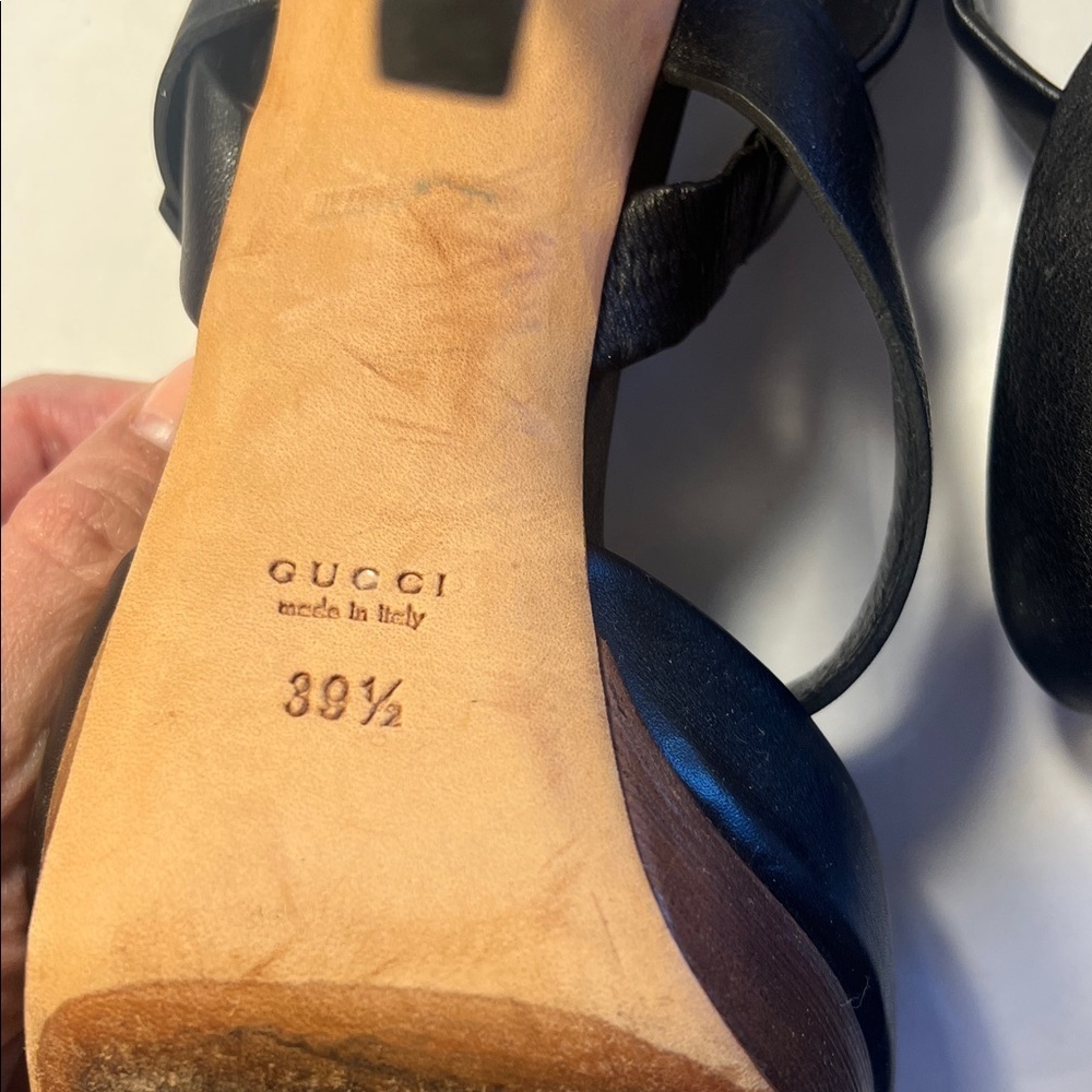 GUCCI GG Running Black Leather Platform Heels wood platform stacked heel sz 39.5 - Picture 7 of 16